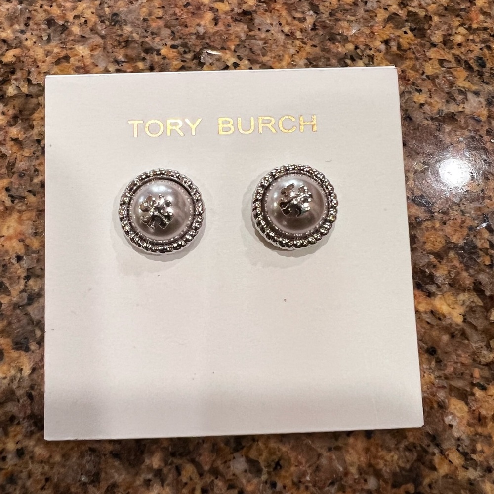 Tory Burch Silver-Tone Rope Edge Logo Dome Studs